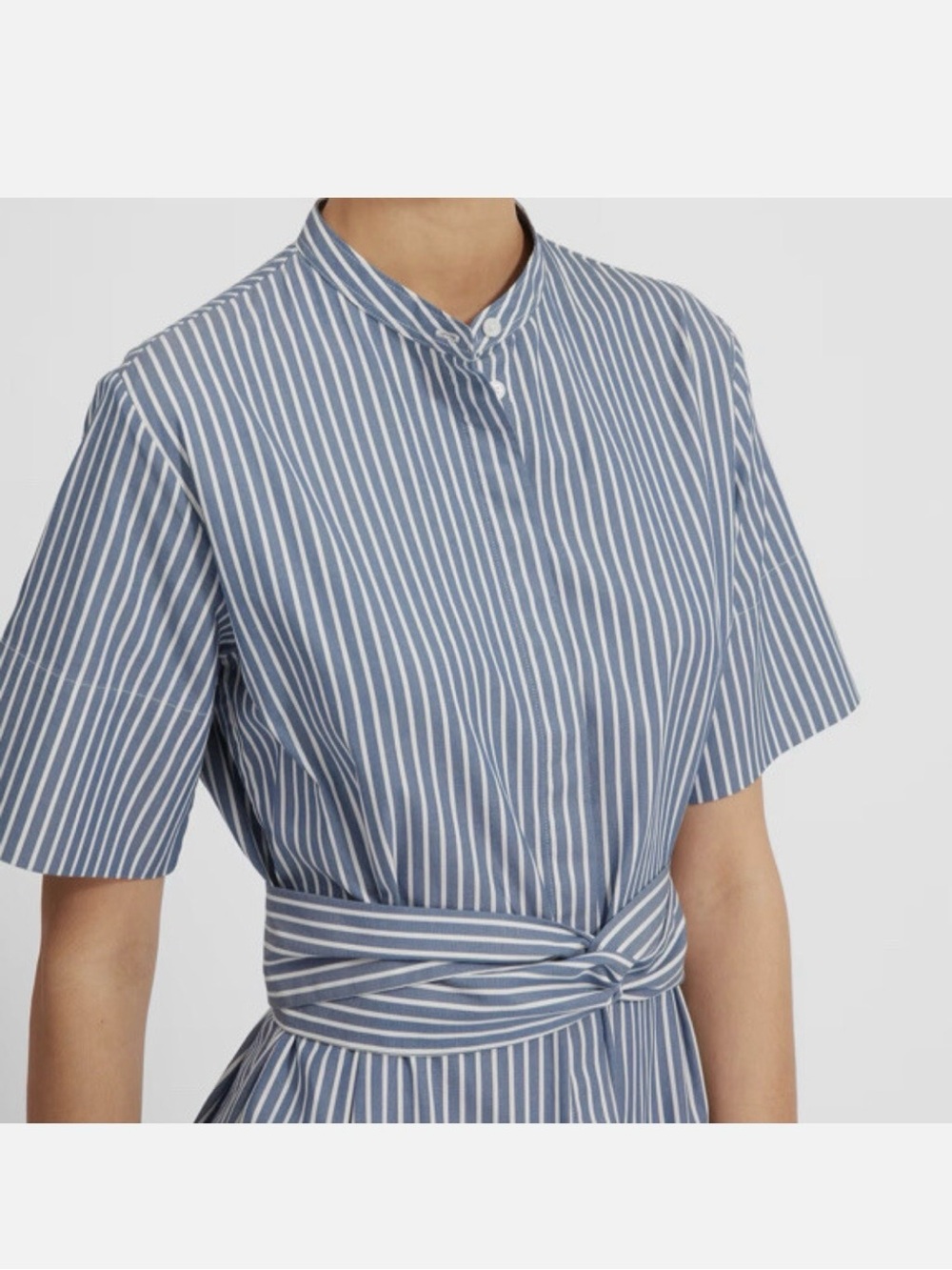 Everlane Blue & White Striped Collarless Cotton Belted Shirtdress - Size 2 - Picture 4 of 13